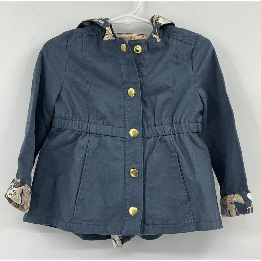 Max Studio Kids Hooded Jacket Blue Pockets Floral Snaps Size 18 Months Cotton